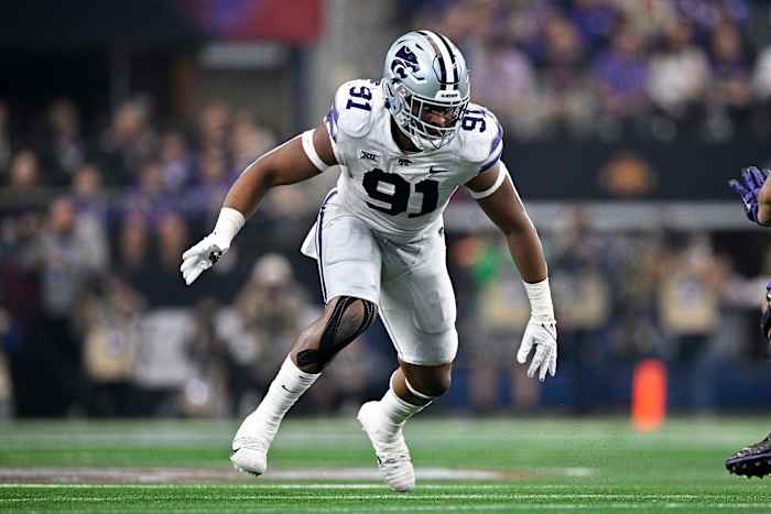 Dec 3, 2022; Arlington, TX, USA; Kansas State Wildcats defensive end Felix Anudike-Uzomah (91) in action during the game between the TCU Horned Frogs and the Kansas State Wildcats at AT&T Stadium. Mandatory Credit: Jerome Miron-USA TODAY Sports
